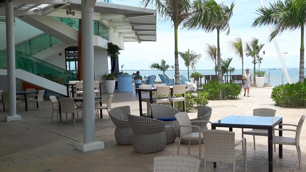 Een terras buiten met rieten meubels en een glazen tafel, met uitzicht op een strand en palmbomen.