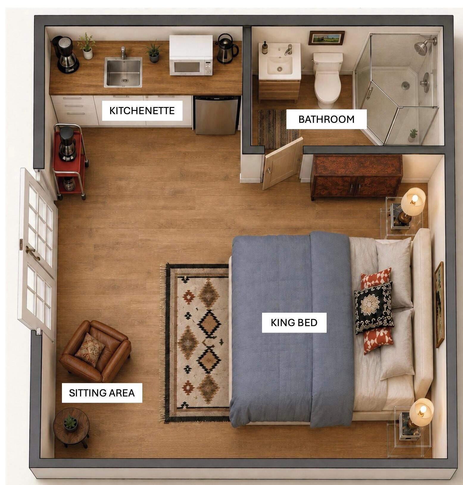 Plànol d'una habitació amb llit king size, zona de seients, petita cuina i bany.