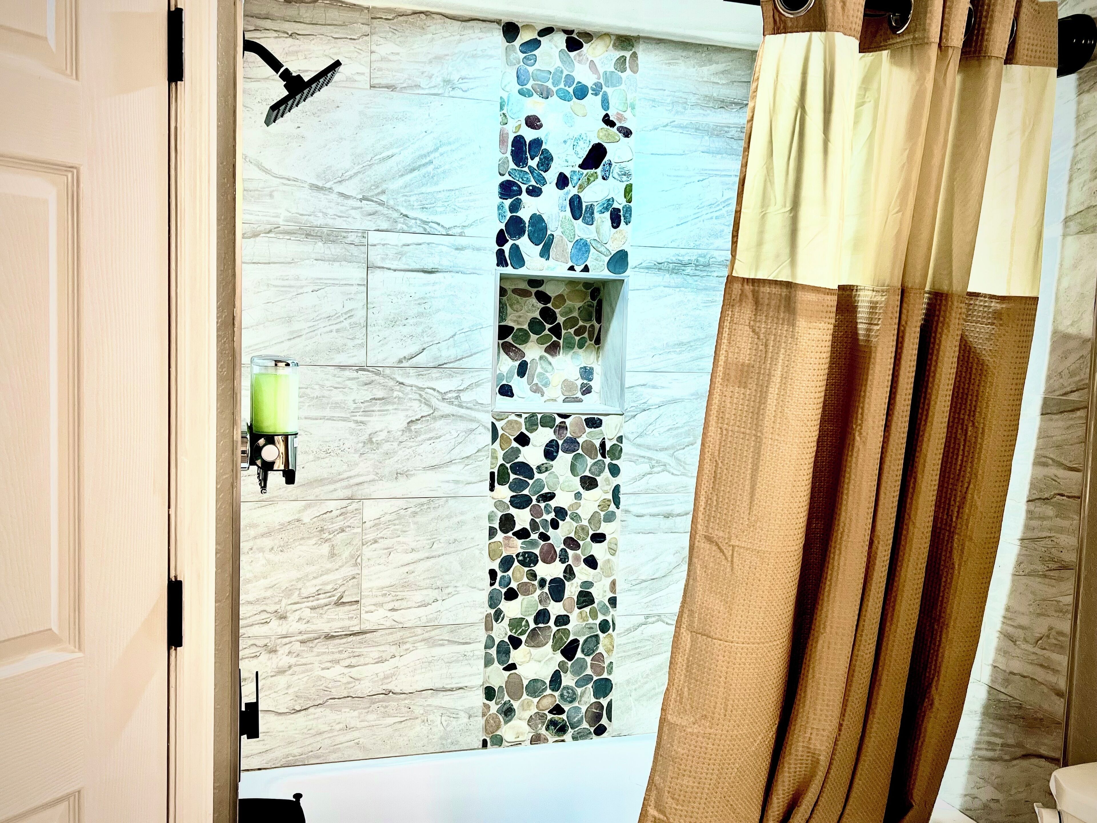 Hair dryer, towels, soap, shampoo