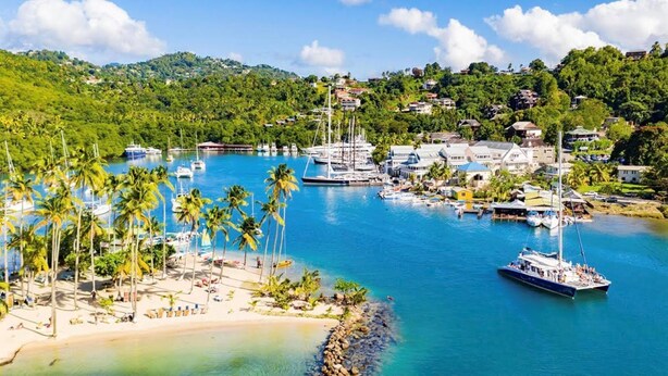 A marina with boats, a beach, and houses on a hillside. - Amazing mountain top home with stunning views! (Marigot Bay)