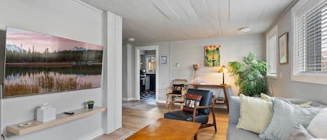 Smart TV, fireplace, books