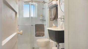 Un baño con ducha de vidrio, inodoro y lavamanos.