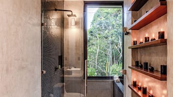 Deluxe Villa, Patio, Poolside | Bathroom | Separate tub and shower, hair dryer, towels, soap