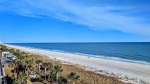Ein Strand mit blauem Himmel, sandigem Ufer und einigen Gebäuden in der Ferne.