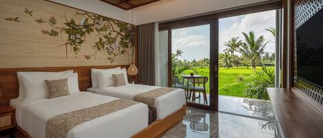 A hotel room with two beds, a large window, a view of a green landscape, and a wooden ceiling.