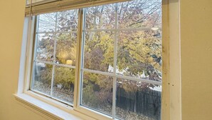 Una ventana con vistas a árboles y una valla.