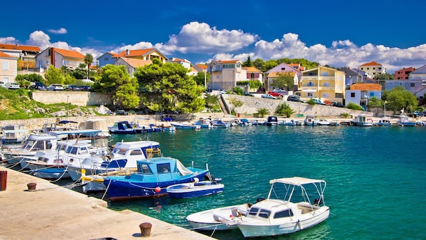 Un port de plaisance où sont amarrés des bateaux, entouré de bâtiments résidentiels et de verdure.