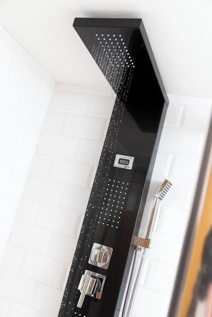 Shower, hair dryer, towels