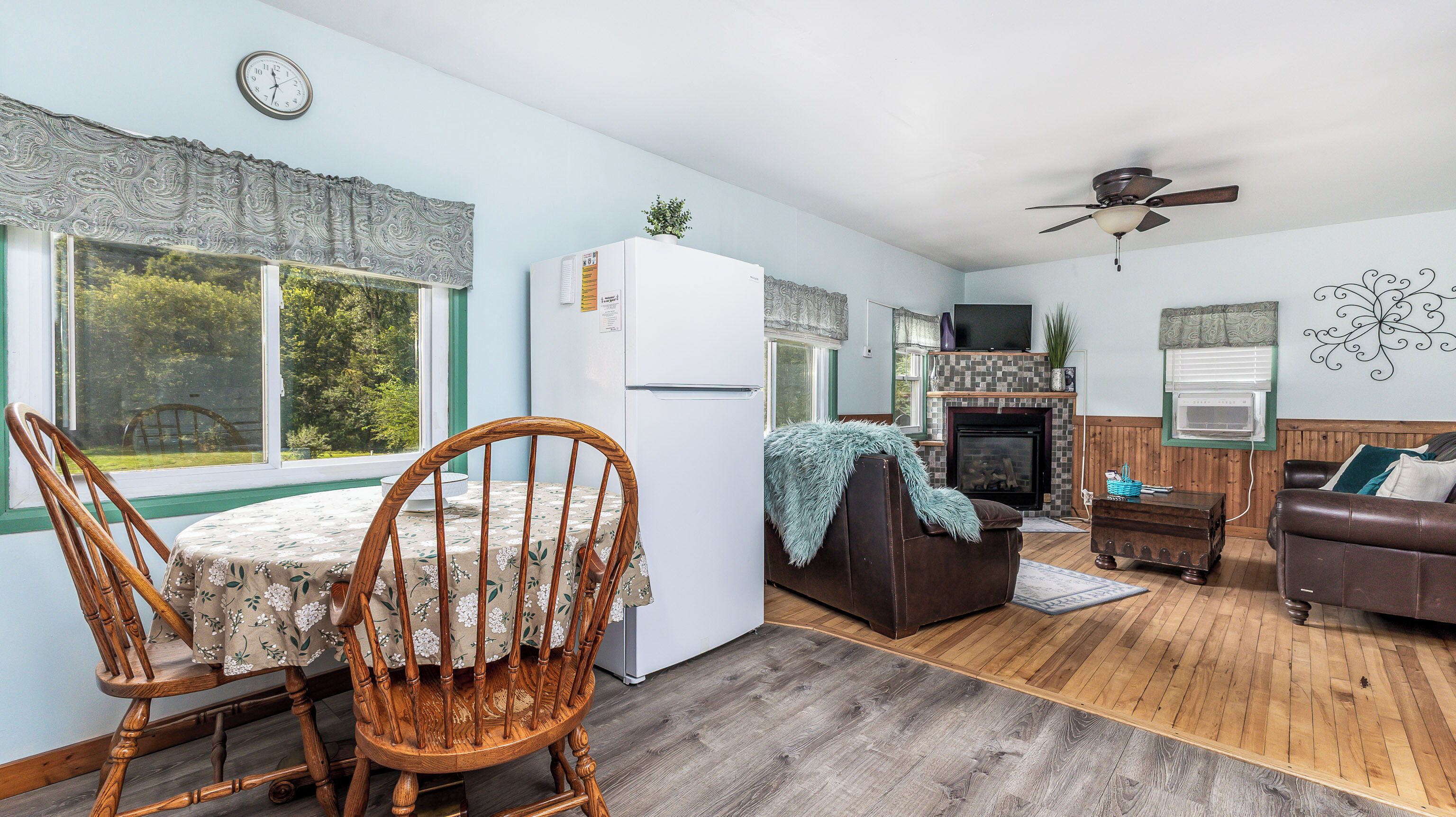 Televisión, chimenea y libros 