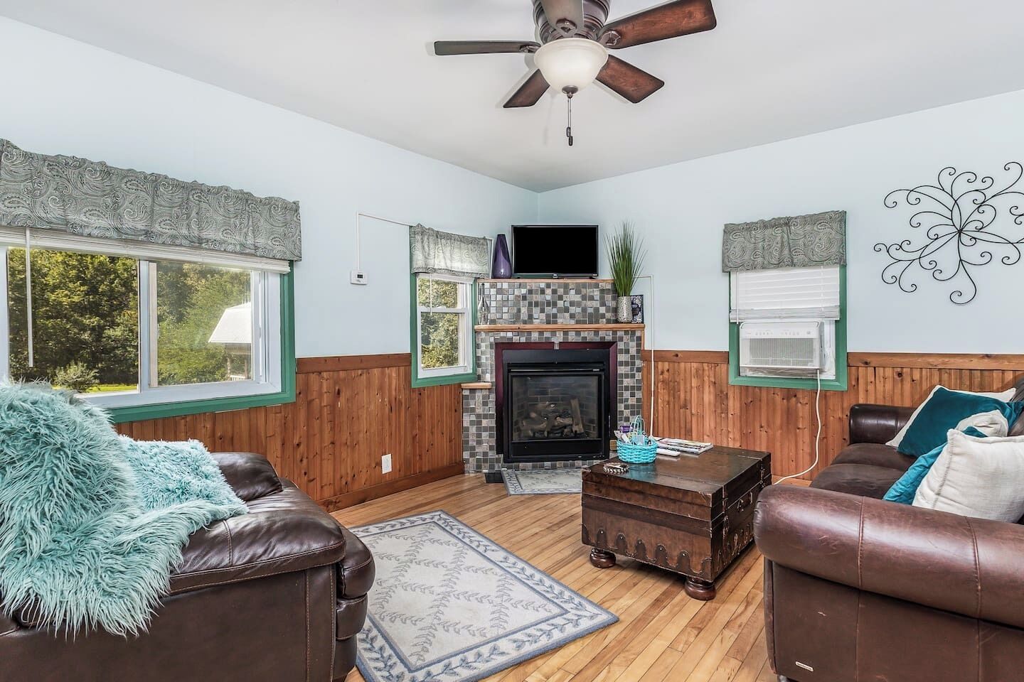 TV, fireplace, books