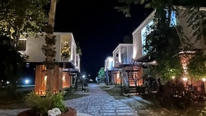 Une vue nocturne d’une rue résidentielle bordée de maisons des deux côtés, avec un chemin pavé et des arbres.