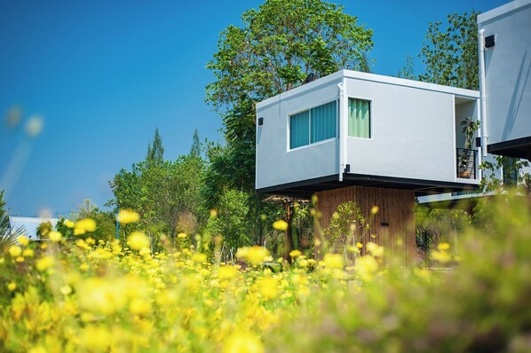 A modern house with a small balcony and a wooden deck.