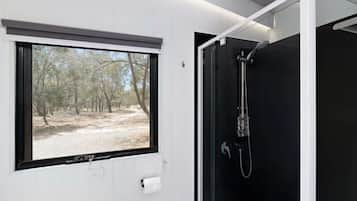 Shower, hair dryer, towels