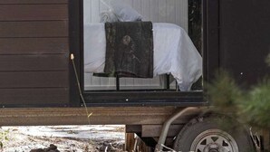 Una cabaña pequeña con una cama individual, un estante de madera con perchas y una puerta con ventanal.