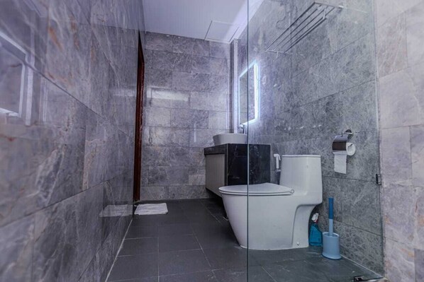 Serviettes fournies, savon, shampoing, papier toilette