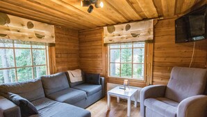 A cozy cabin interior with a sofa, armchair, and a small table. - Terwa-ukko 2 by Interhome (Hyrynsalmi)