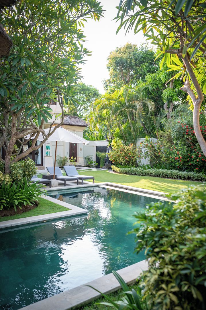 Une piscine entourée d’une végétation luxuriante et une maison au toit de chaume.