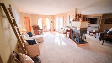 TV, fireplace, books