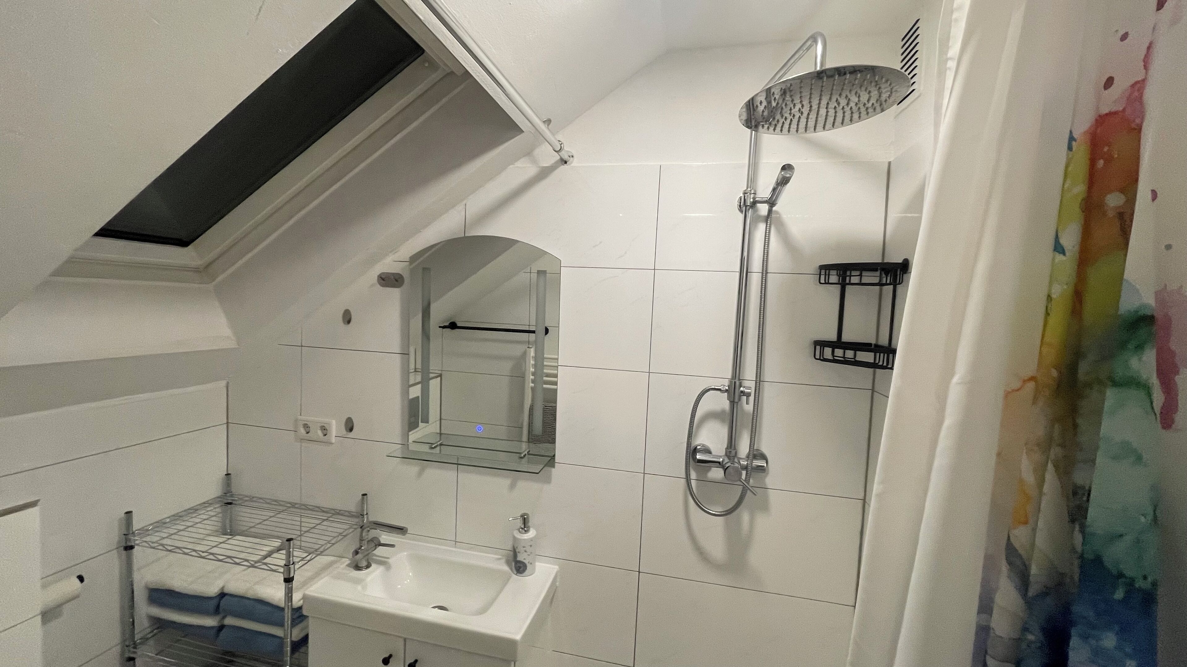 Une petite salle de bain avec un puits de lumière, une douche, un lavabo et un miroir.