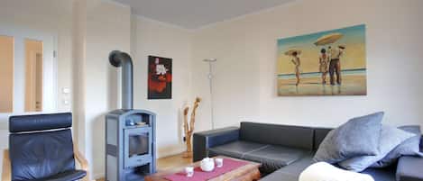 TV, fireplace, books