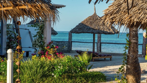 Un salón junto a la playa con sombrillas de paja, piscina y vista al mar.