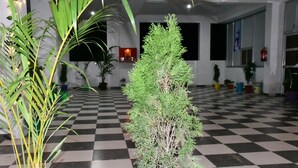 A lobby with a checkered floor, potted plants, and a fire extinguisher on the wall.