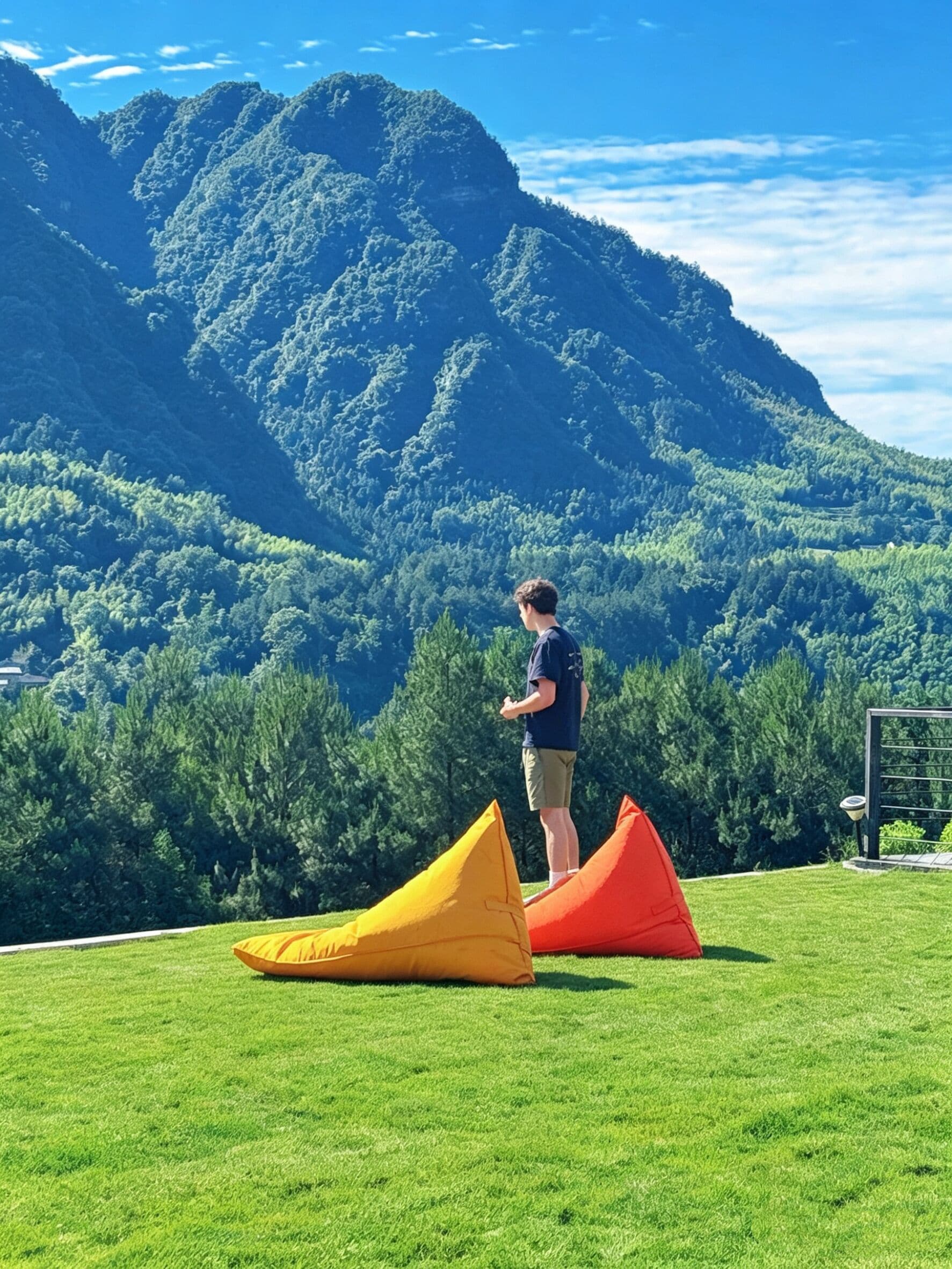 A person standing on a grassy field with mountains in the background and two colorful bean bags.