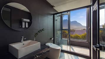 Un bagno moderno con uno specchio grande, una vasca e un water. Si vede una finestra con vista sulle montagne.