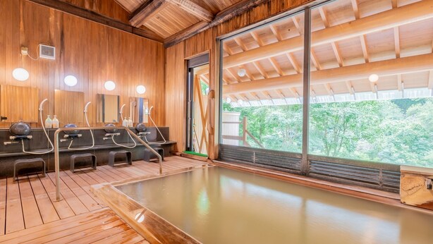 A wooden interior with a hot spring bath, wooden benches, and a large window. - Goshikionsen Goshikinoyu ryokan (Takayama)