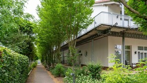 Un sendero bordeado de abundante vegetación y un edificio con balcón.