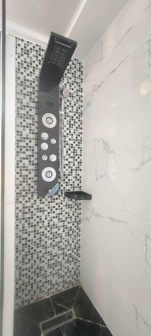Shower, hair dryer, towels