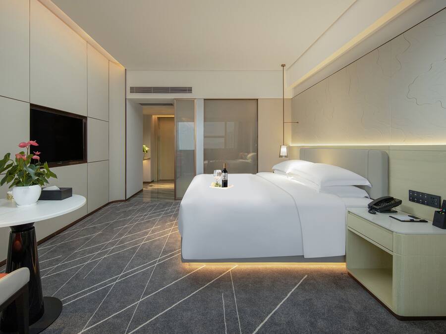 Una habitación de hotel moderna con una cama grande, mesita de noche, televisor y una pequeña mesa con una planta.
