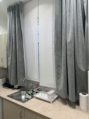 Een keuken met een roestvrijstalen spoelbak, een afdruiprek en een rol toiletpapier.