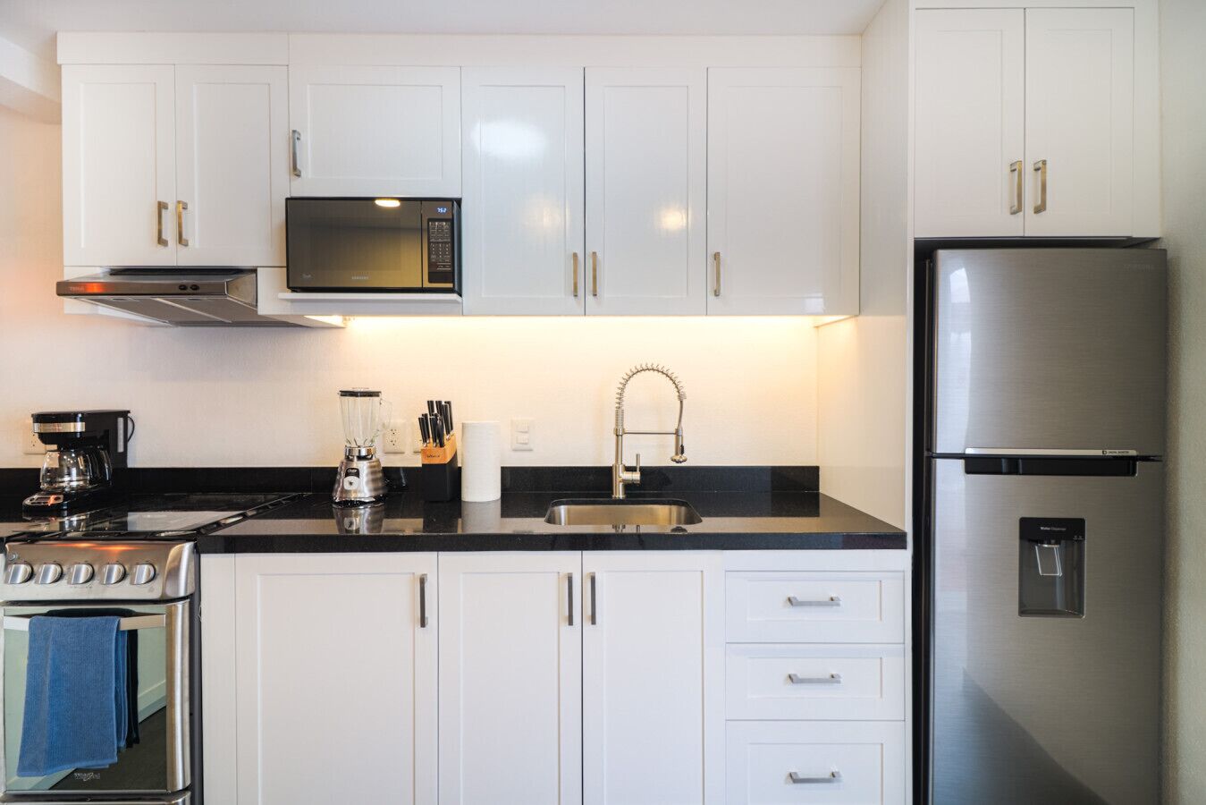 Fridge, microwave, oven, stovetop