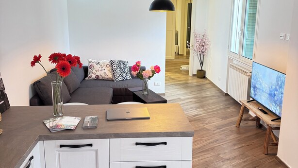 Ein moderner Wohnraum mit Kücheninsel, Essbereich und Wohnzimmer.