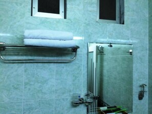 Shower, rainfall showerhead, designer toiletries, hair dryer