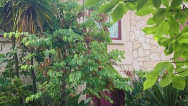 Un edificio in pietra con una porta rossa, immerso nel verde e con un vialetto acciottolato che vi conduce.