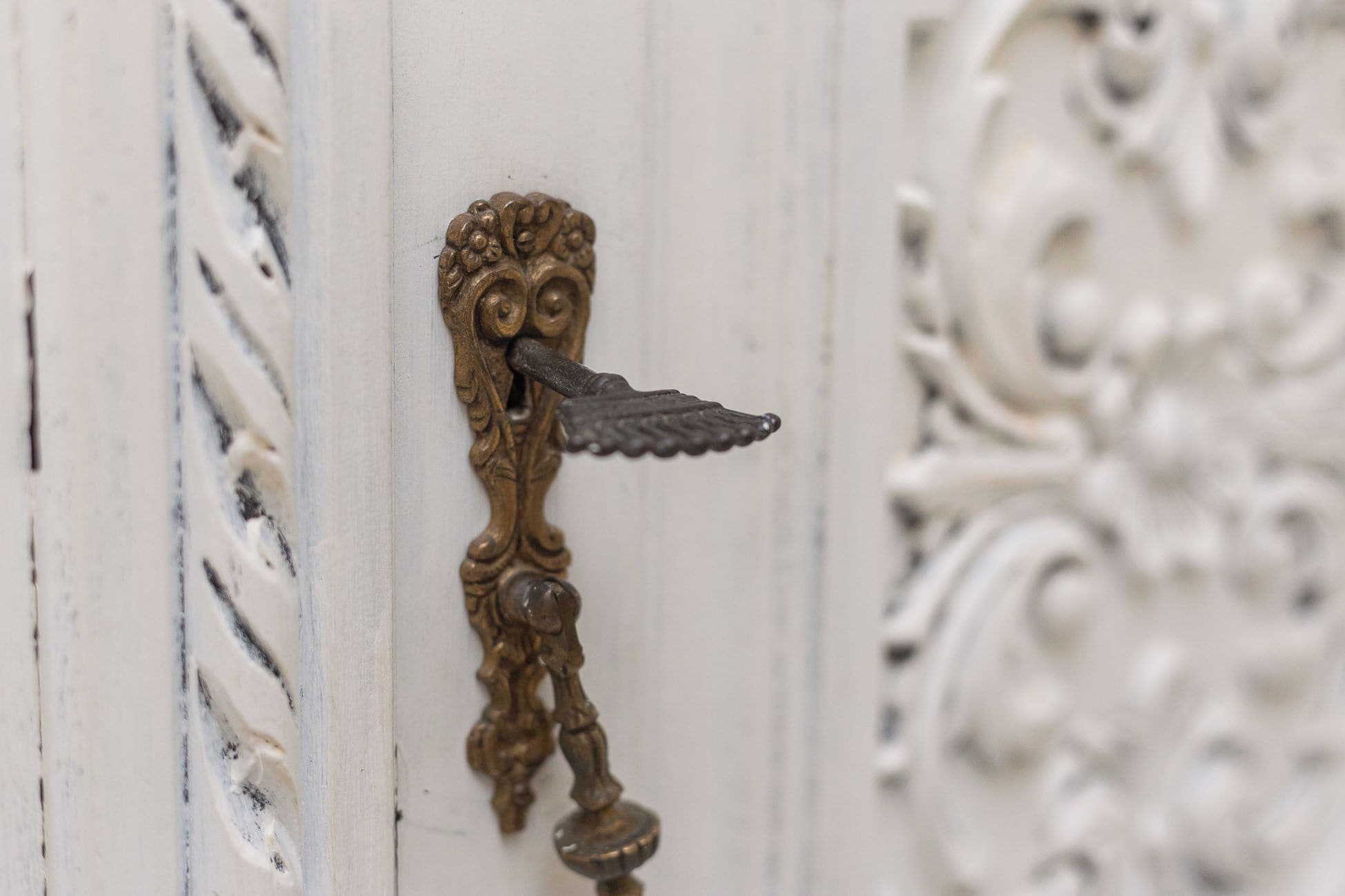 Uma porta com puxador de latão decorativo e detalhes brancos entalhados.