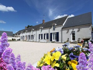 A row of white buildings with dark shutters, a gravel courtyard, and a variety of flowers in the foreground.