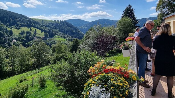 A terrace with a view of a green valley and mountains, surrounded by flowering plants. - Charming mountain B&B rooms, pets allowed with approval (Ventron)