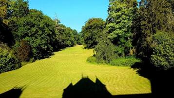 Un parcours de golf avec des allées bien définies, entouré d’une forêt dense et sous un ciel dégagé.