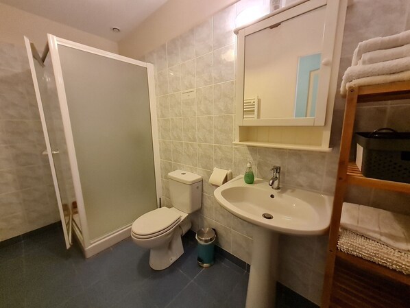 A bathroom with a toilet, sink, and a mirror above the sink. There is a towel rack to the right and a trash bin next to the toilet. - Spacious rooms near Beaugency, breakfast included (Cravant)