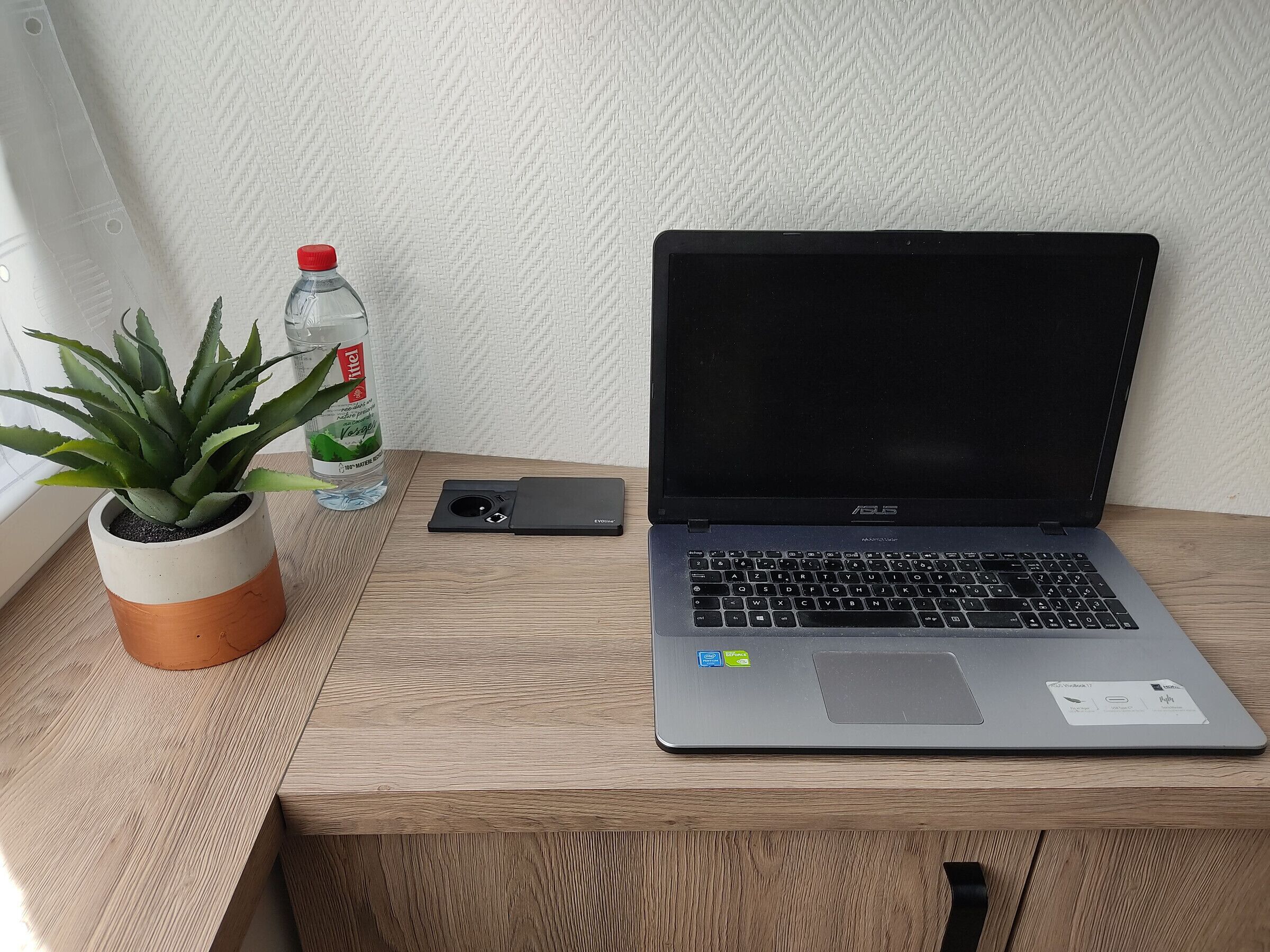 A laptop on a wooden table with a potted plant and a water bottle.