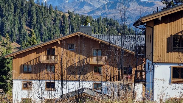A wooden chalet with multiple windows and balconies, set against a backdrop of snow-capped mountains and dense forest.