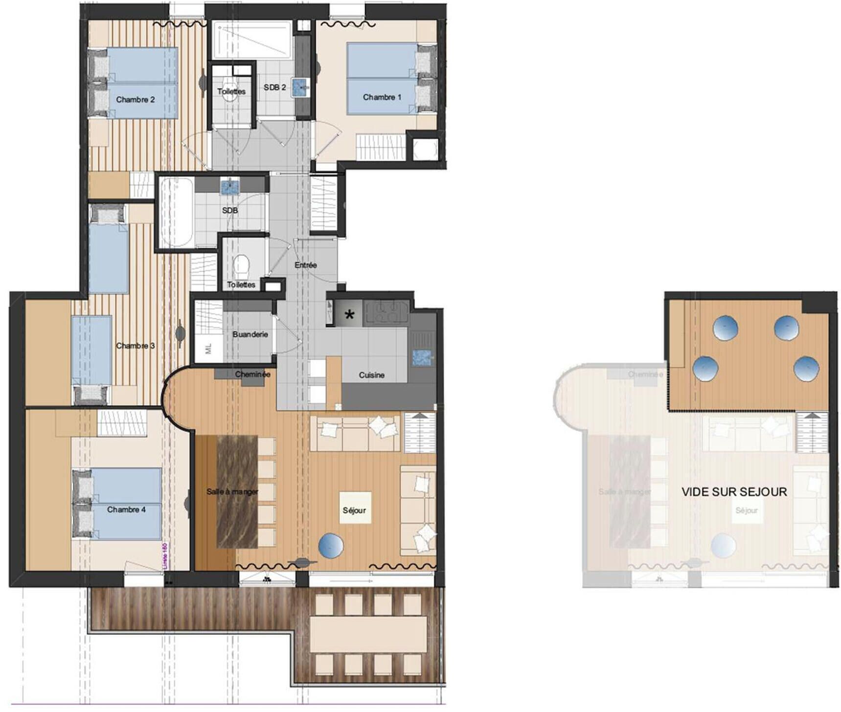 Un plan d’étage d’un hôtel comprenant quatre chambres, deux salles de bain, une cuisine, un coin repas, un salon et un petit espace extérieur aménagé pour s’asseoir.