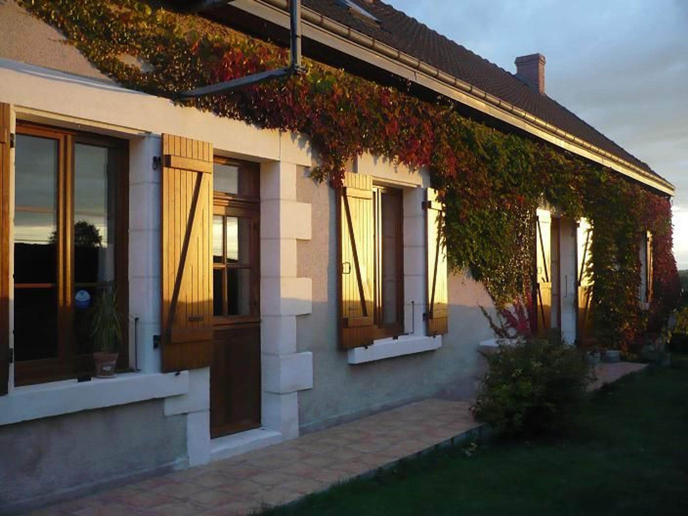 A house with a white facade, wooden shutters, and a vine-covered roof.