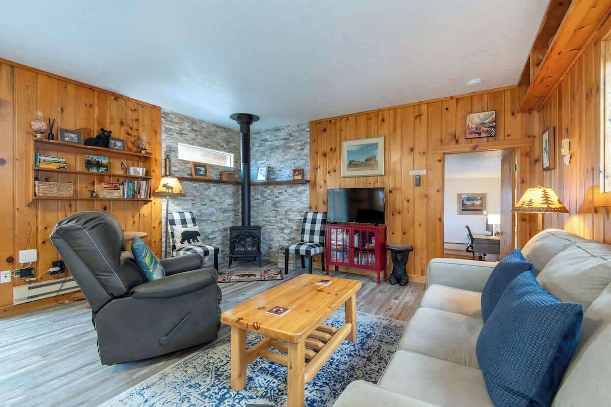 TV connectée, cheminée, livres, espaces bureaux