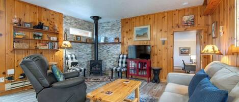 TV connectée, cheminée, livres, espaces bureaux