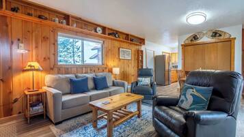 Smart TV, fireplace, books, offices