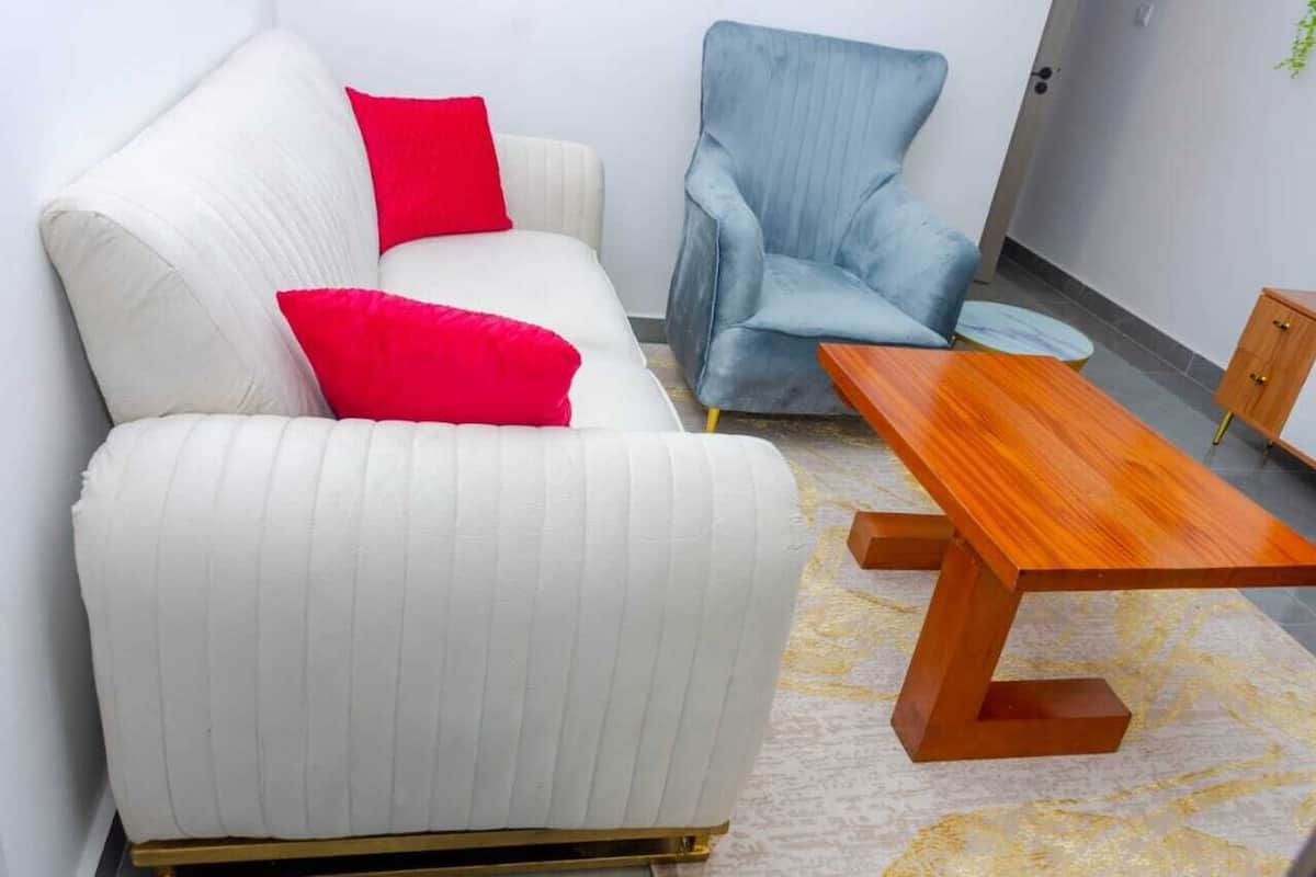 A white sofa with red cushions, a blue armchair, and a wooden coffee table in a room with a patterned rug.